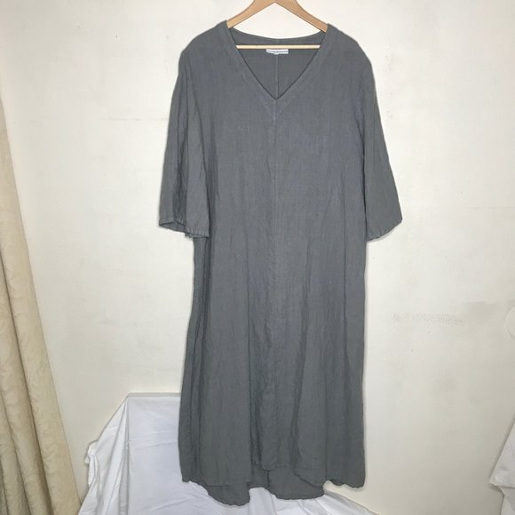 Bryn Walker 100% Linen Unstructured V Neck Wide Sleeve Lagenlook Maxi Dress Sz L - Picture 1 of 13